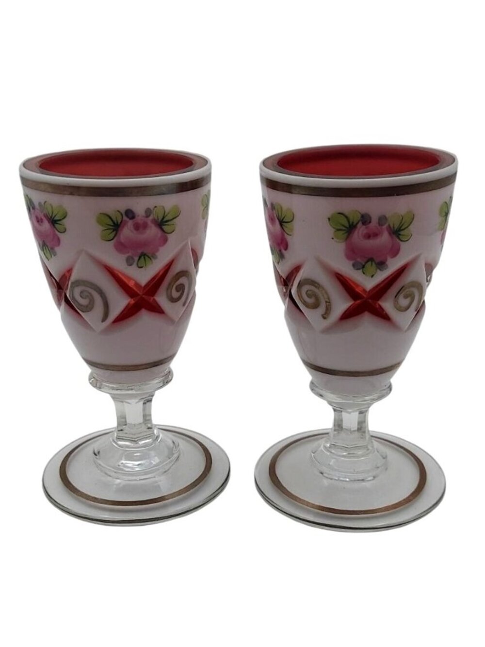 Vintage Czech Bohemian Moser Cranberry Glass Cordials Floral White Overlay Set 2